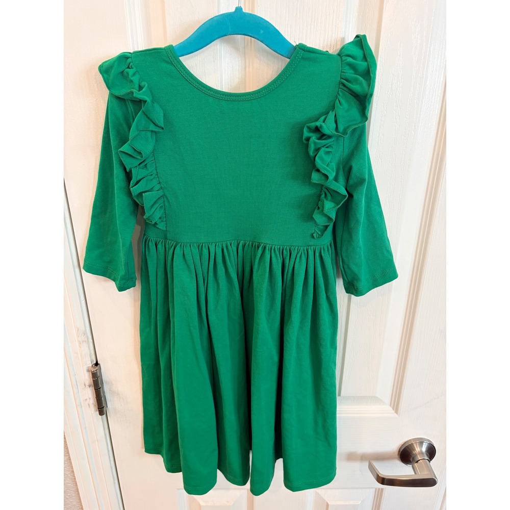 Mila & Rose Dress Green Ruffle Shoulder Long Sleeve Cotton Twirl Everyday Kids